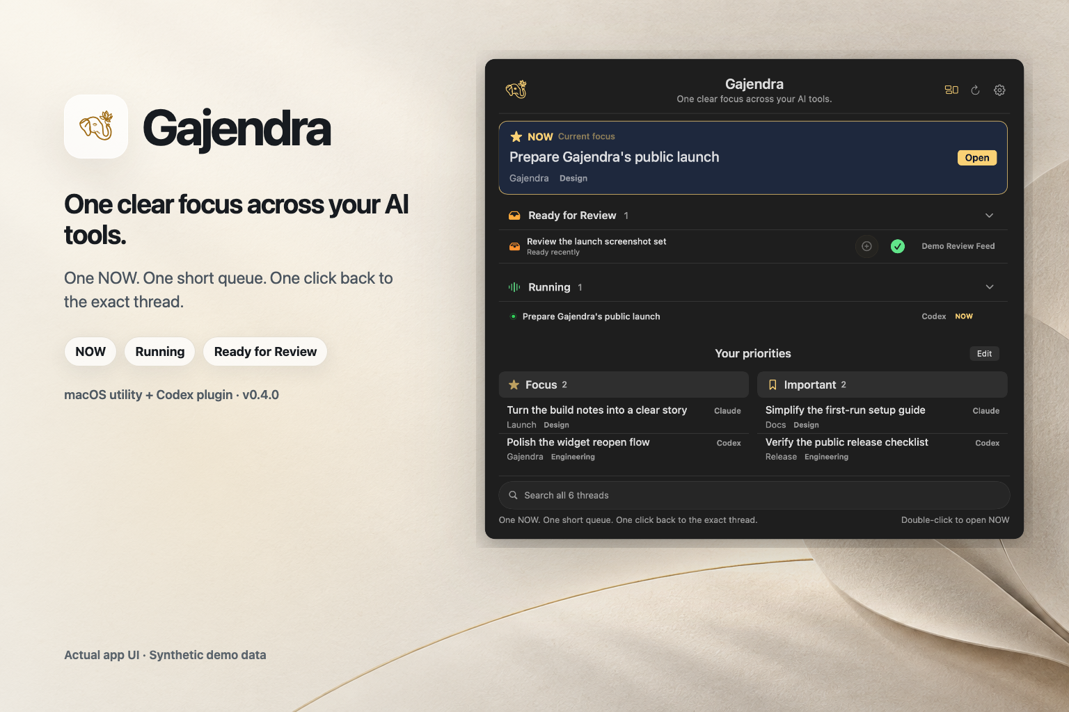 Gajendra 0.4.0, actual UI with synthetic data