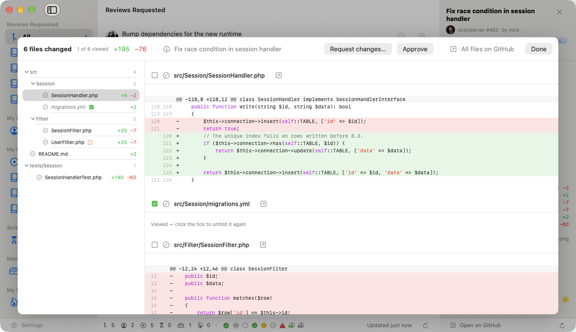 Every file's patch in one overlay, with a tree to jump by