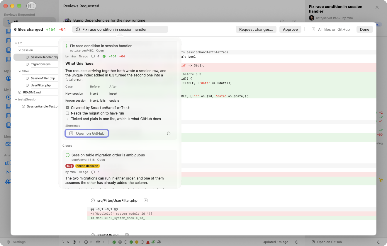 The panel over the diff: the pull request, then the issue it closes