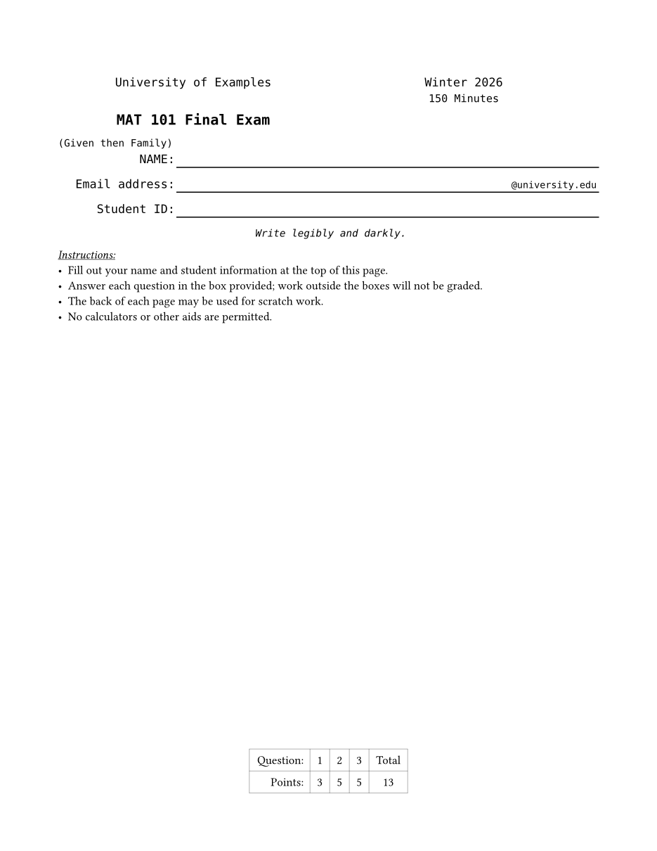 An exam cover page with a points table