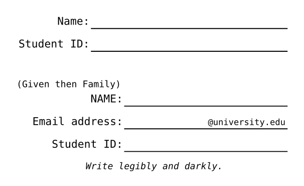 A default name block and a custom one with a name hint, an email suffix, and a verbatim row