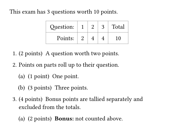 Questions with point badges, and a points table totalling 10