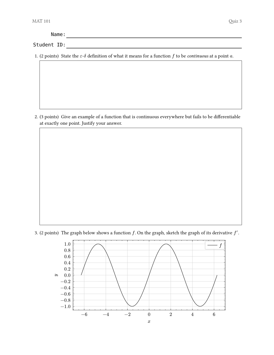 A quiz with empty answer boxes