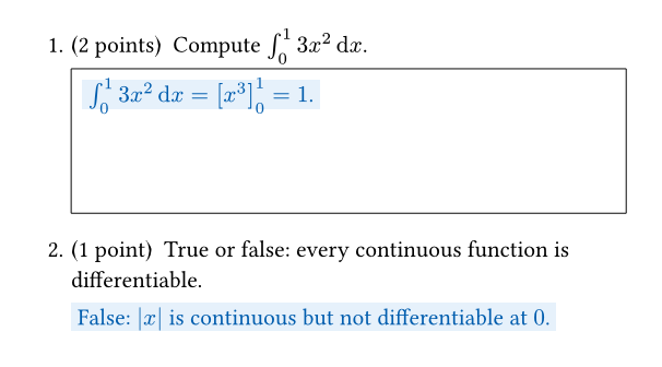 The same questions with solutions shown in blue