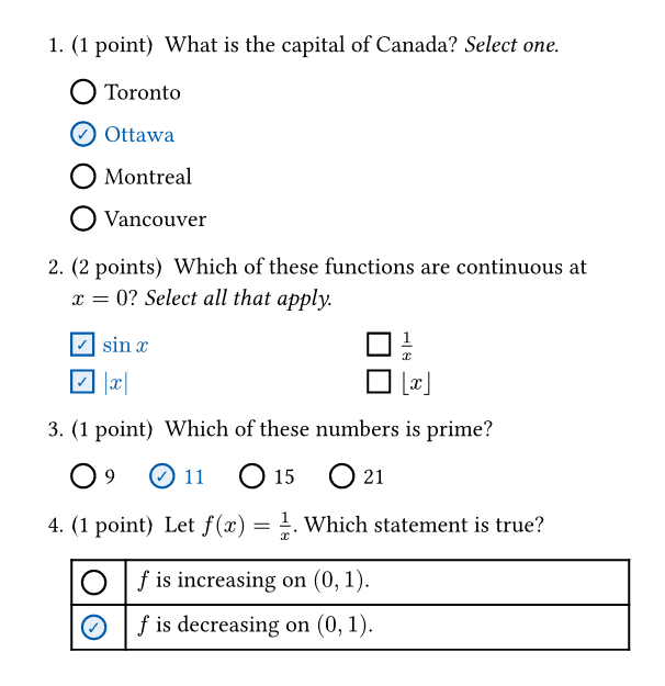 The same questions with the correct bubbles filled in and checked in blue