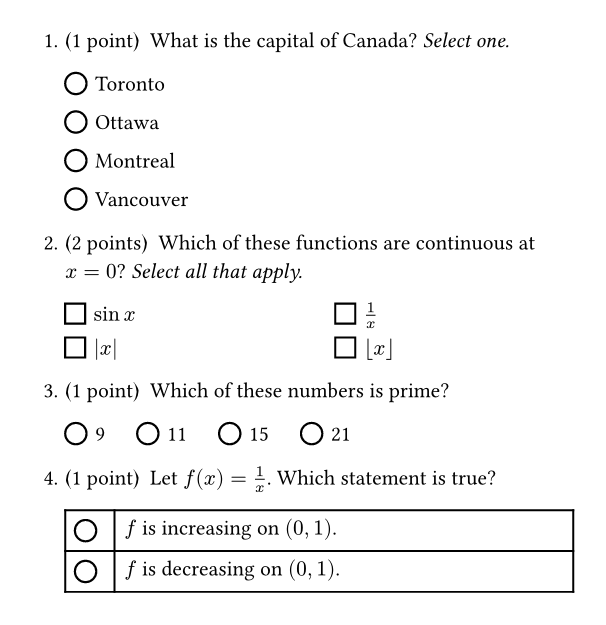 Multiple-choice questions with empty round and square bubbles, one per line, in columns, inline, and in a table