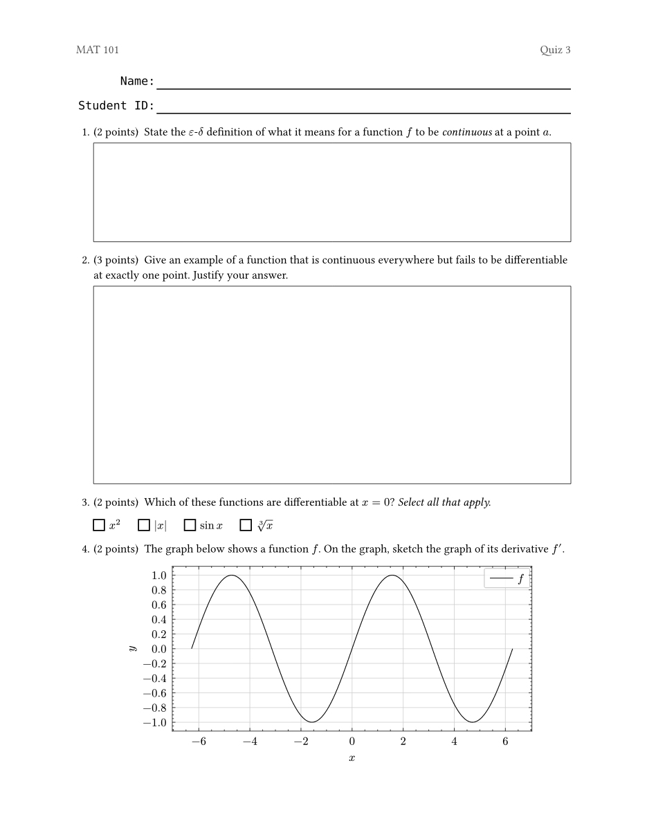 A quiz with empty answer boxes and multiple-choice bubbles