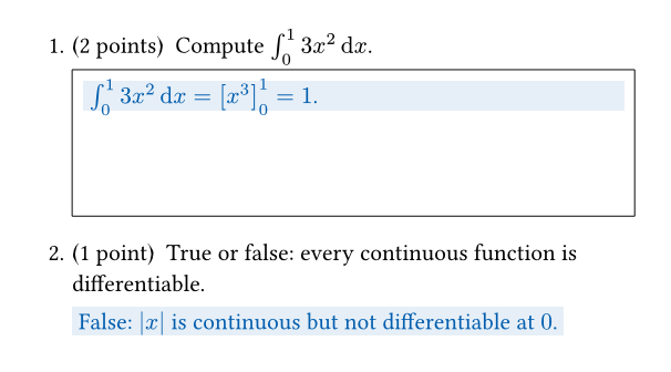 The same questions with solutions shown in blue
