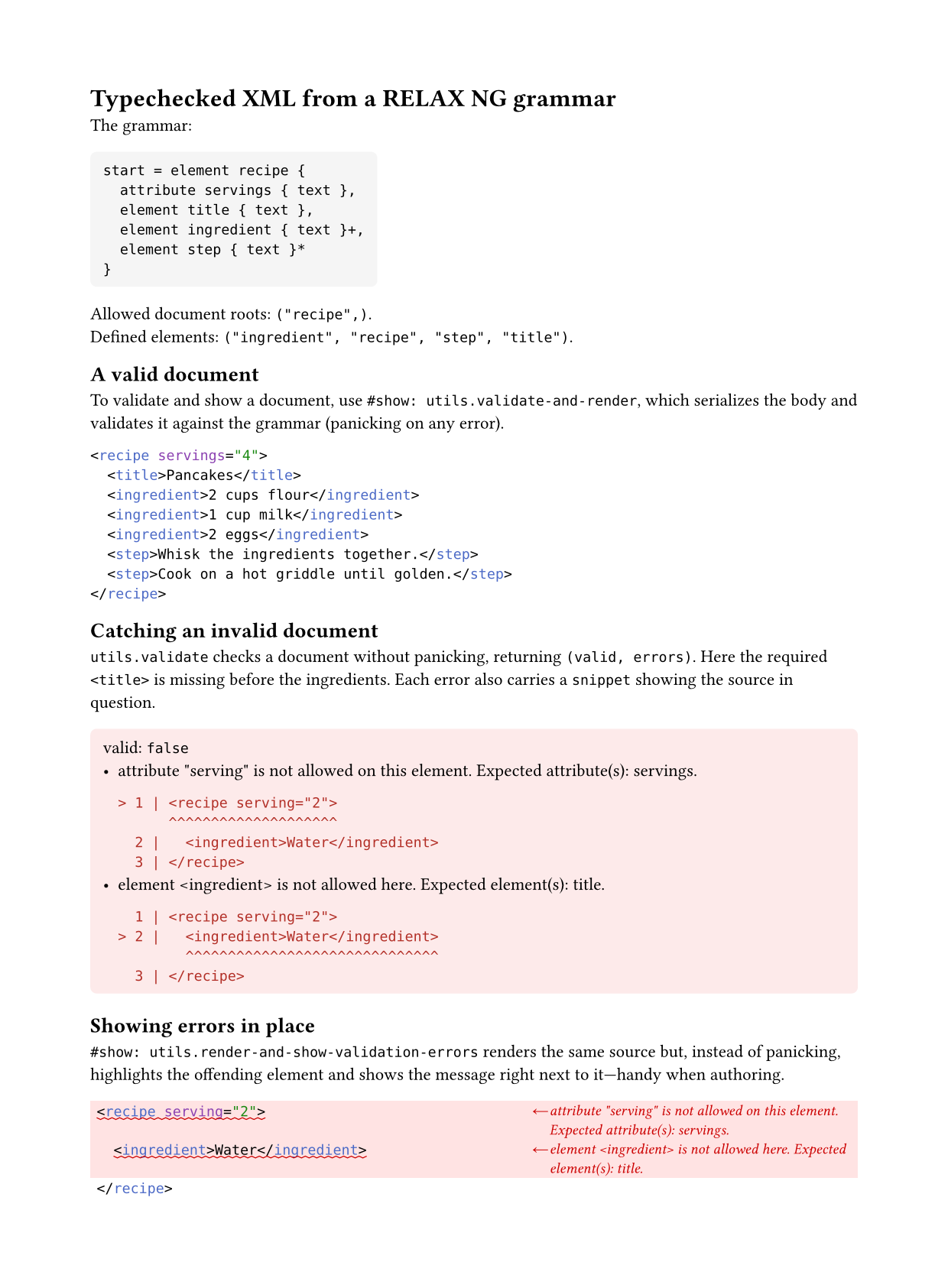 A Typst-rendered page: element constructors derived from a RELAX NG grammar, a valid document serialized to XML, a validation error with a located source snippet, and the same errors highlighted in place