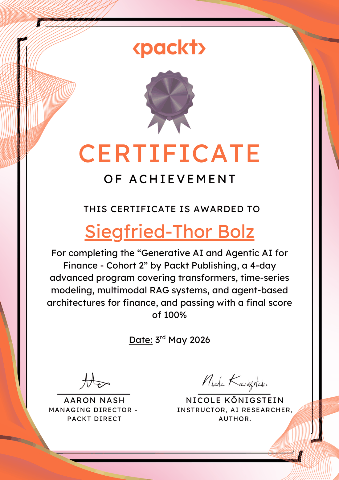 Packt — Generative AI and Agentic AI for Finance certificate, final score 100%