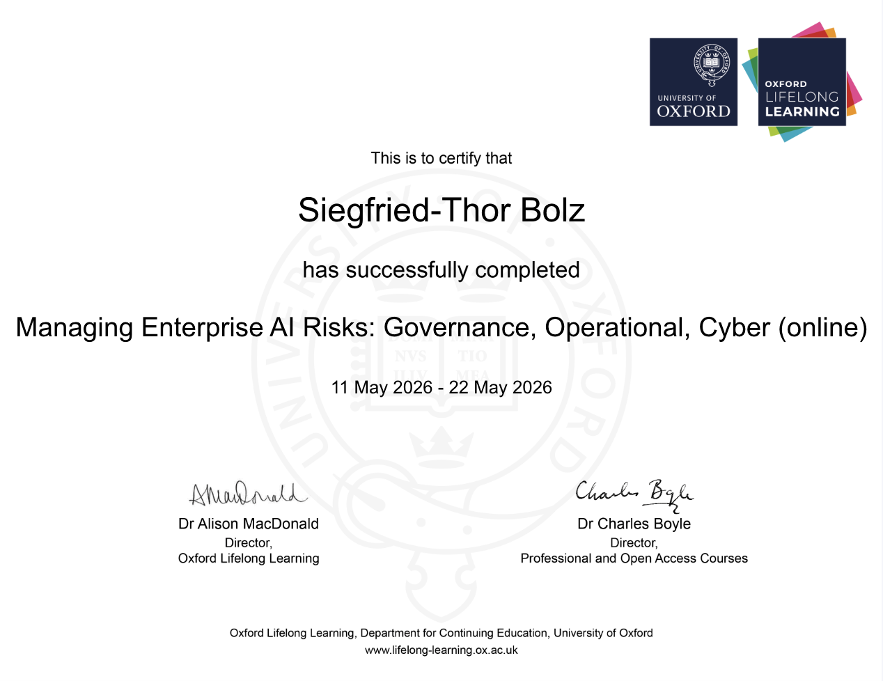 University of Oxford — Managing Enterprise AI Risks certificate