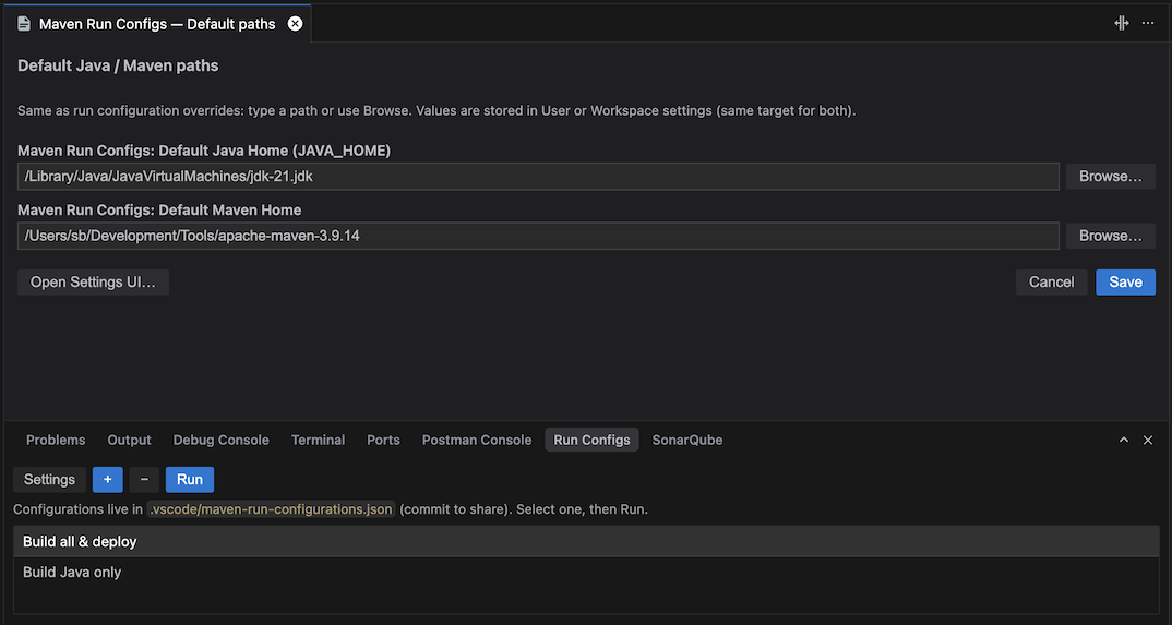 Global default paths dialog with Java and Maven home fields filled