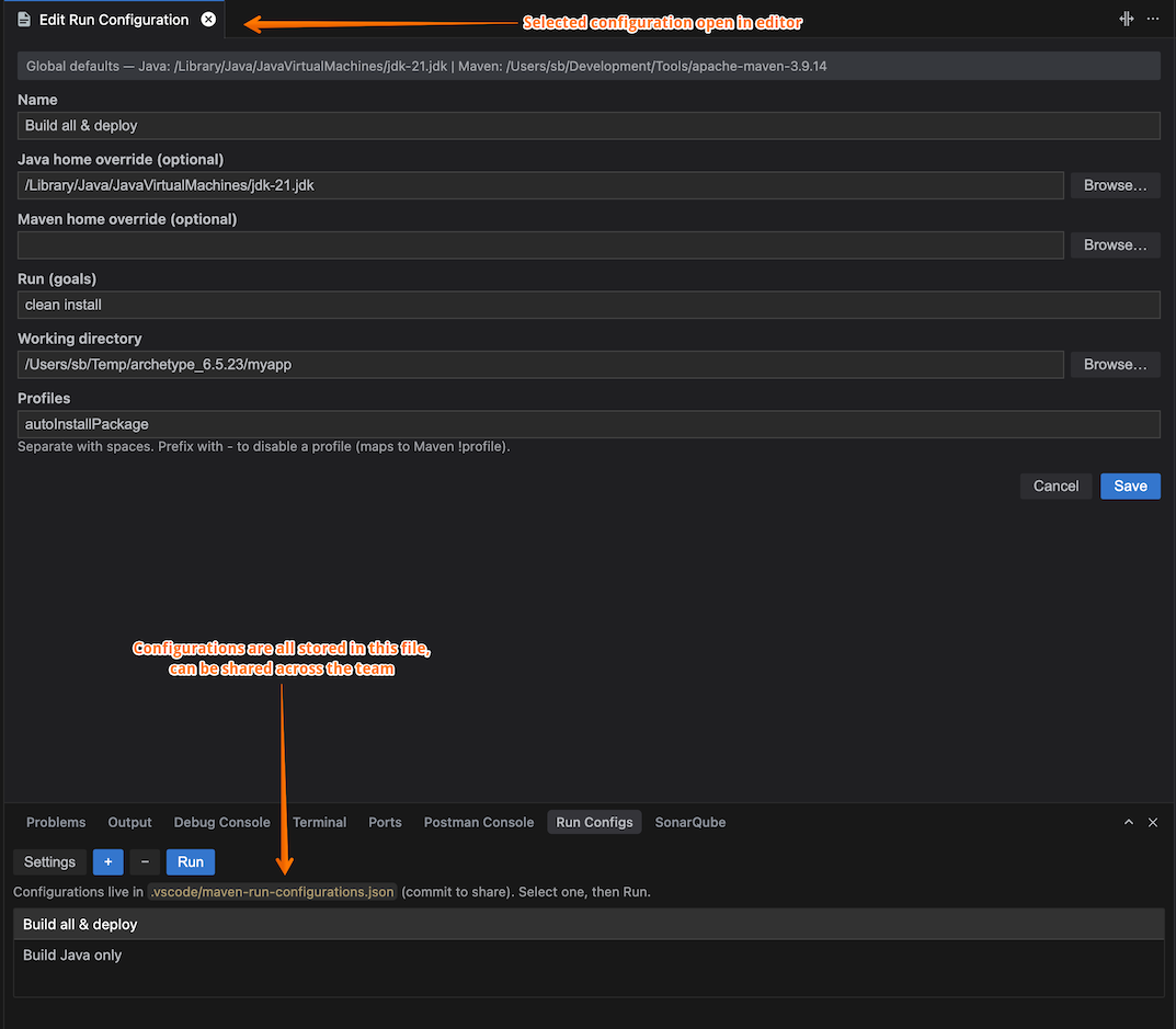 Open run configuration with filled fields for name, overrides, goals, working directory, and profiles