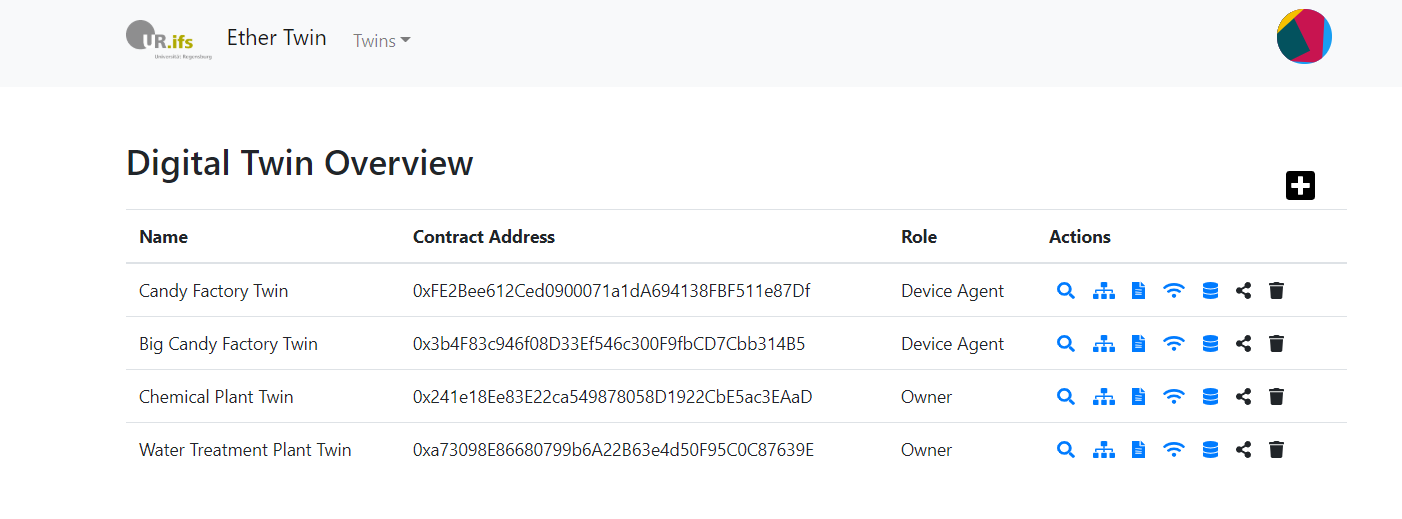 Start page of the EtherTwin prototype