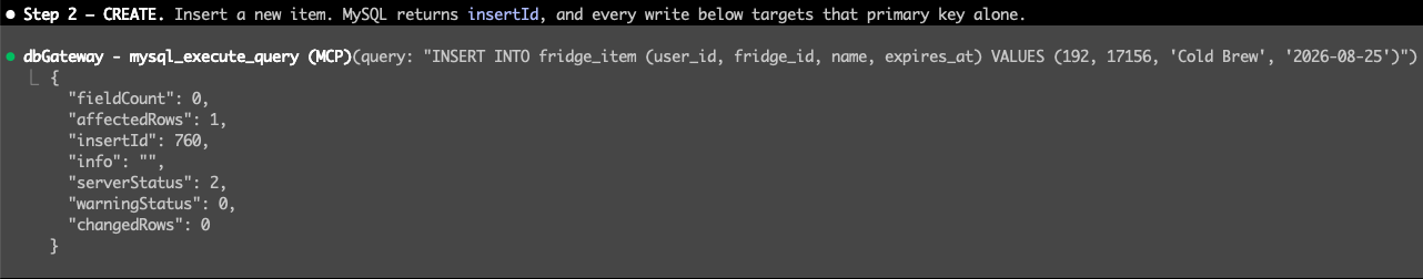 Step 2 — CREATE: insert a new item, and MySQL returns its insertId