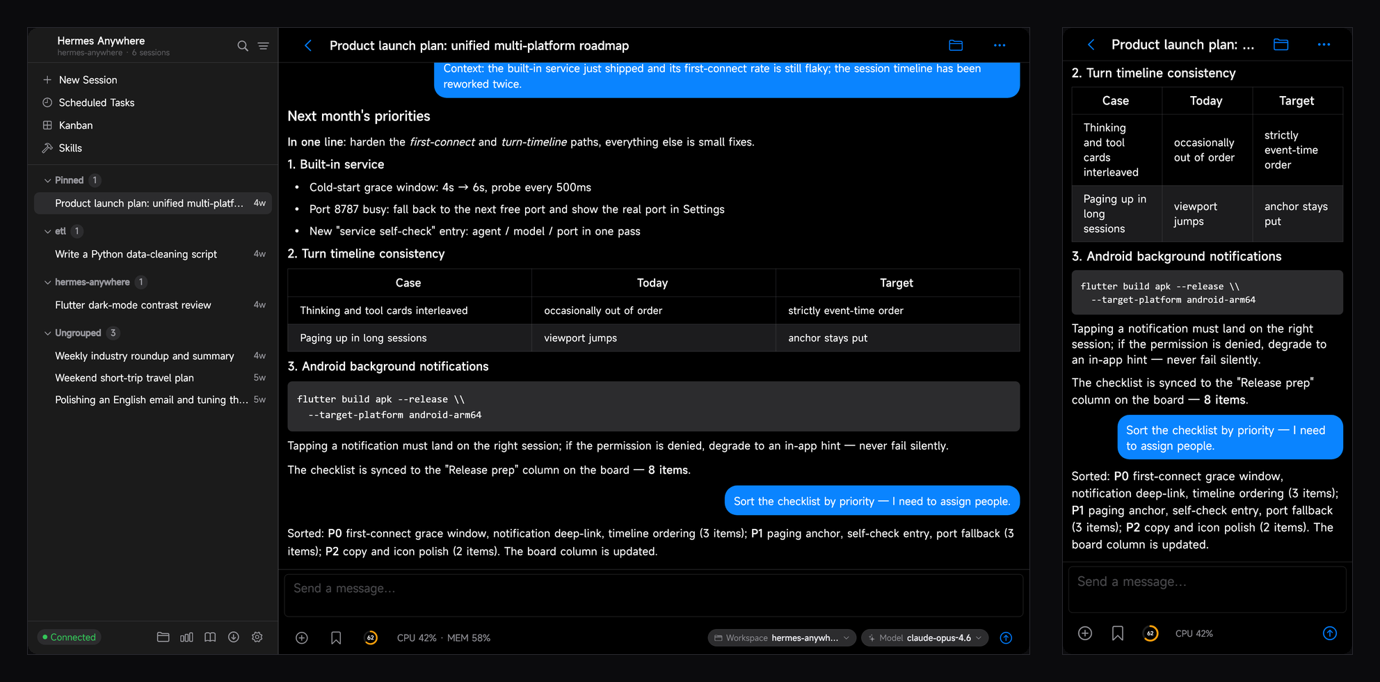 The same Hermes Anywhere session on Windows (left) and Android (right): the same streaming answer, reasoning and tool cards, and the same theme on both