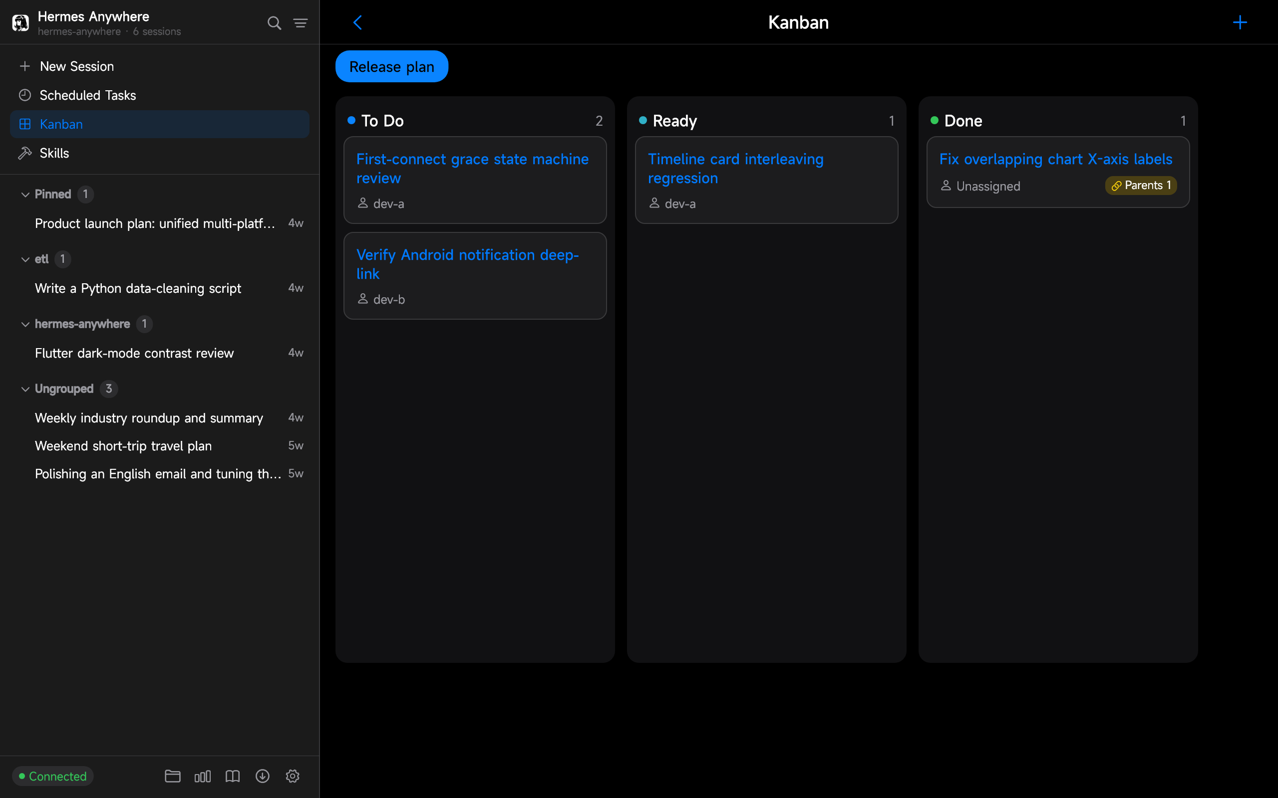 Kanban board with To Do, Ready and Done columns
