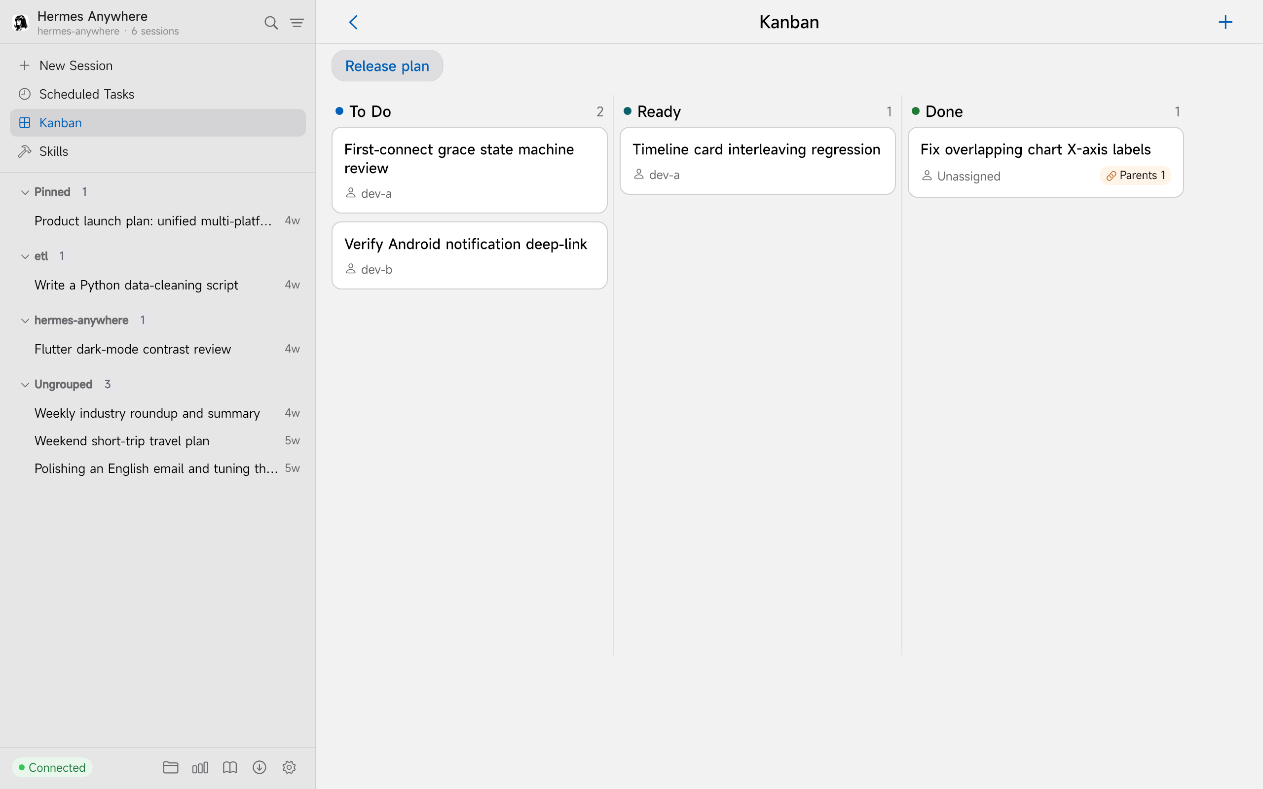 Kanban board in the light theme