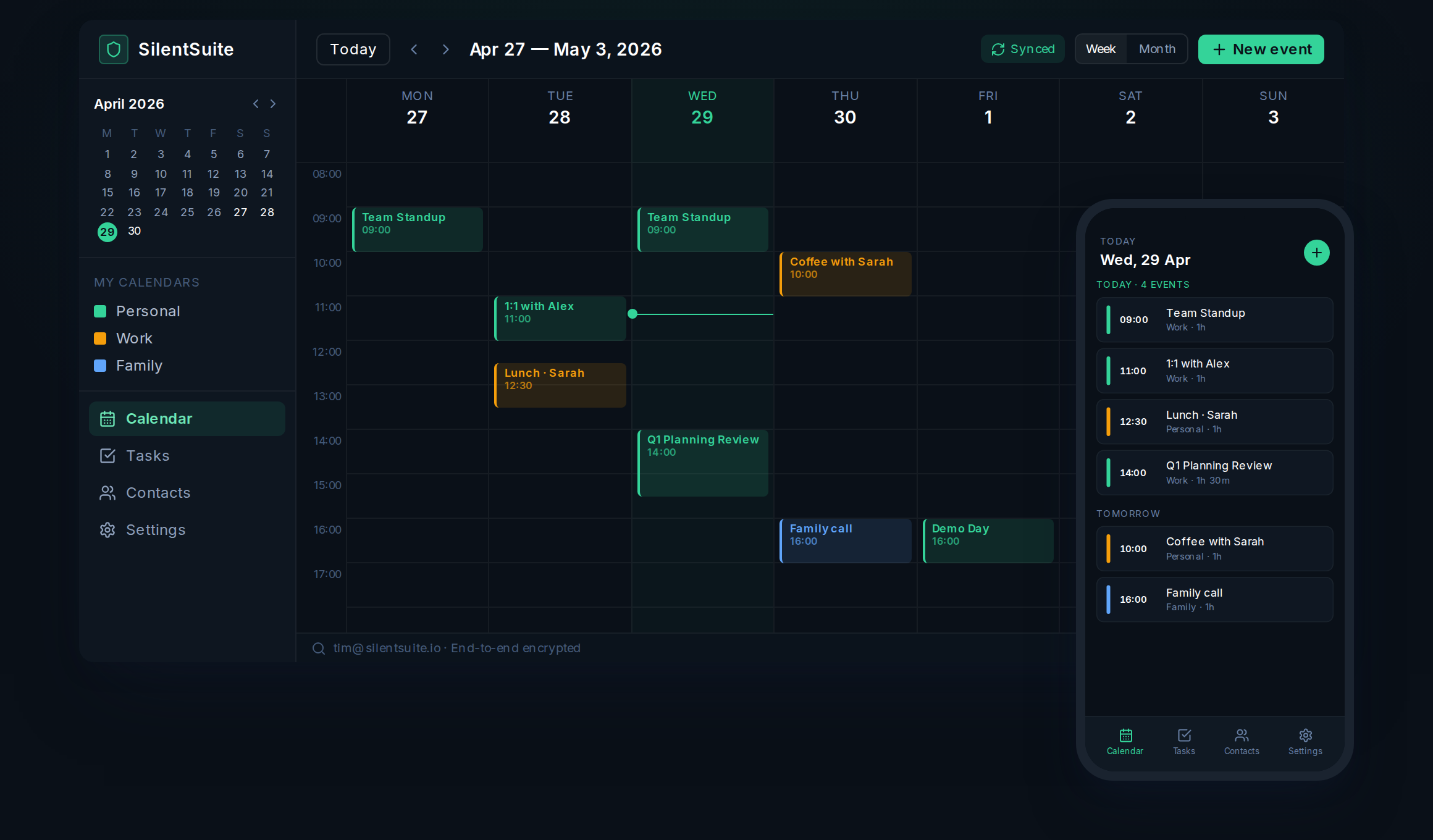 SilentSuite calendar — desktop and mobile mockup