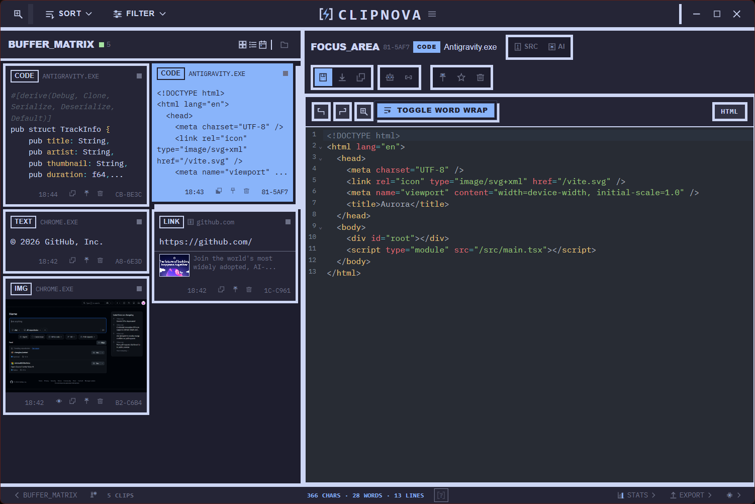 ClipNova main workspace