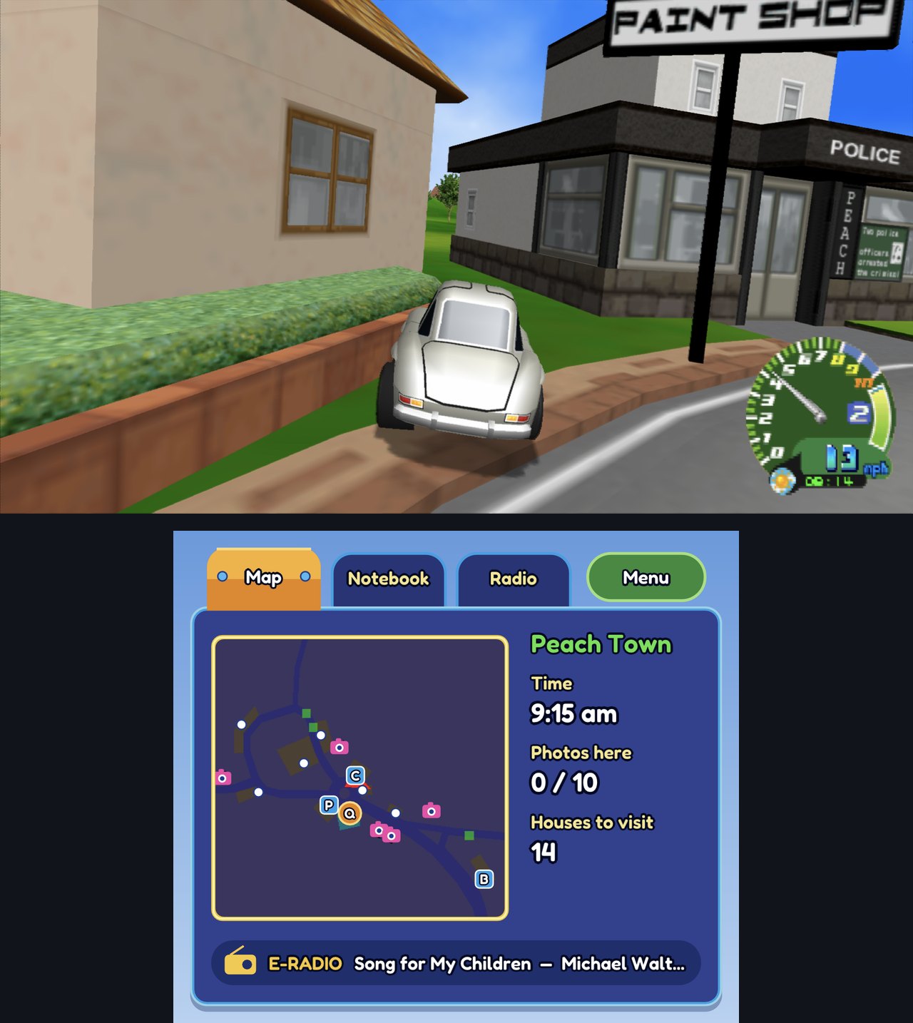 Road Trip Recomp em Android com exploração de Peach Town na tela superior e mapa na tela inferior do AYN Thor