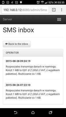 HTTP back-office SMS inbox