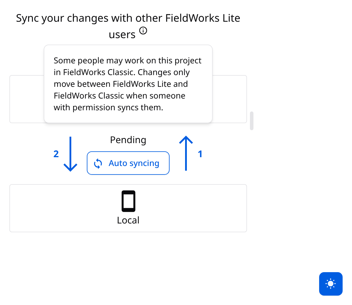 FW Lite sync view with an info popover explaining FieldWorks Classic sync