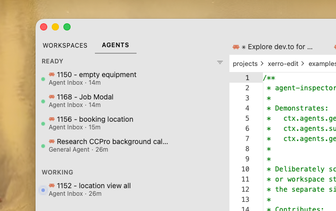 The Agents view in the Navigator, showing Ready and Working sections across workspaces