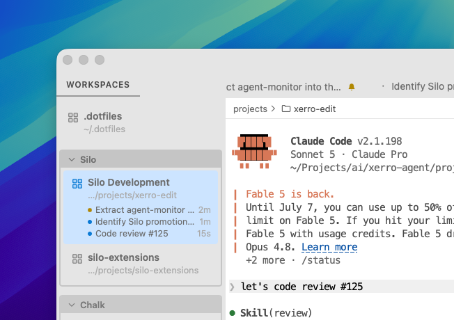 Workspaces panel showing agent status rows for running Claude Code sessions