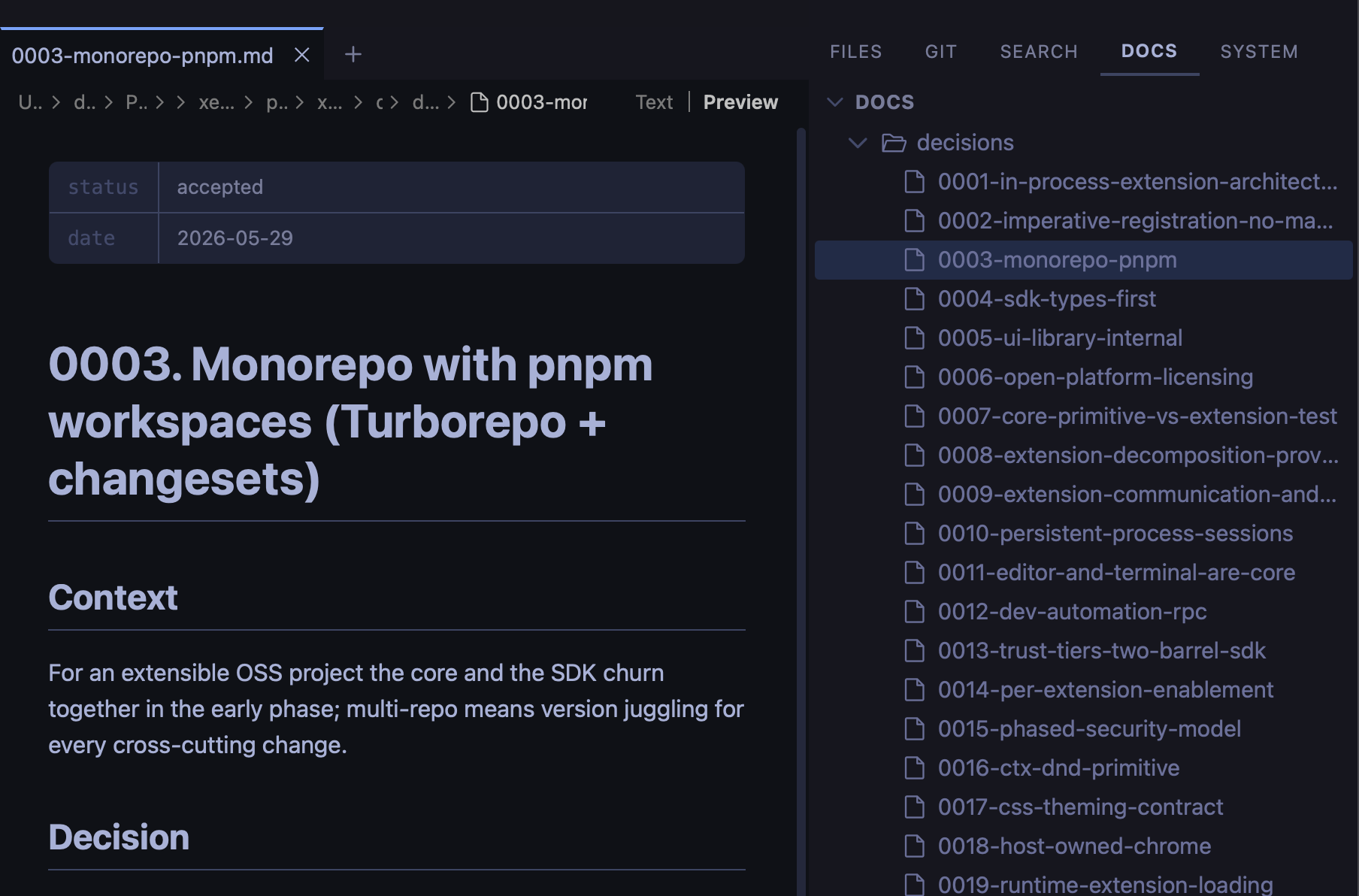 Docs panel showing a markdown file tree alongside a rendered preview