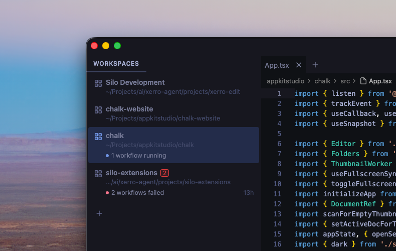 GitHub Actions extension showing workflow status badges in the workspace panel