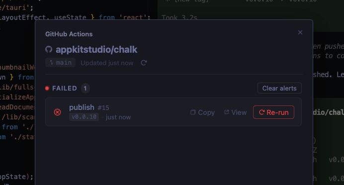 Modal showing a failed publish workflow with Re-run button