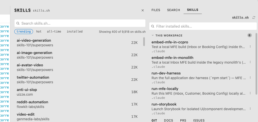 Browsing trending skills on skills.sh next to the Skills panel's per-workspace inventory