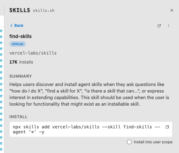 A skill's detail page: install count, an Official badge, a summary, and the one-liner install command