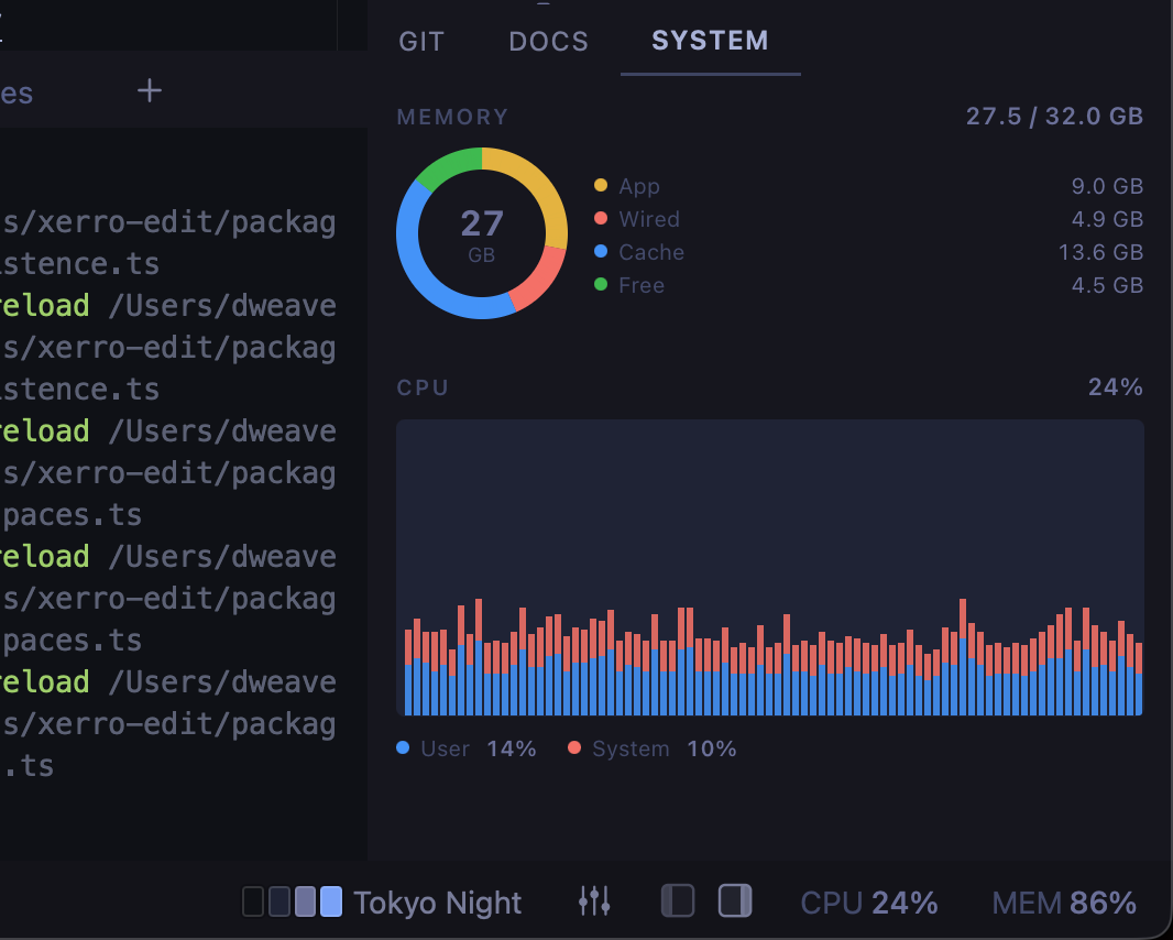 System Monitor panel showing memory donut chart and CPU history graph