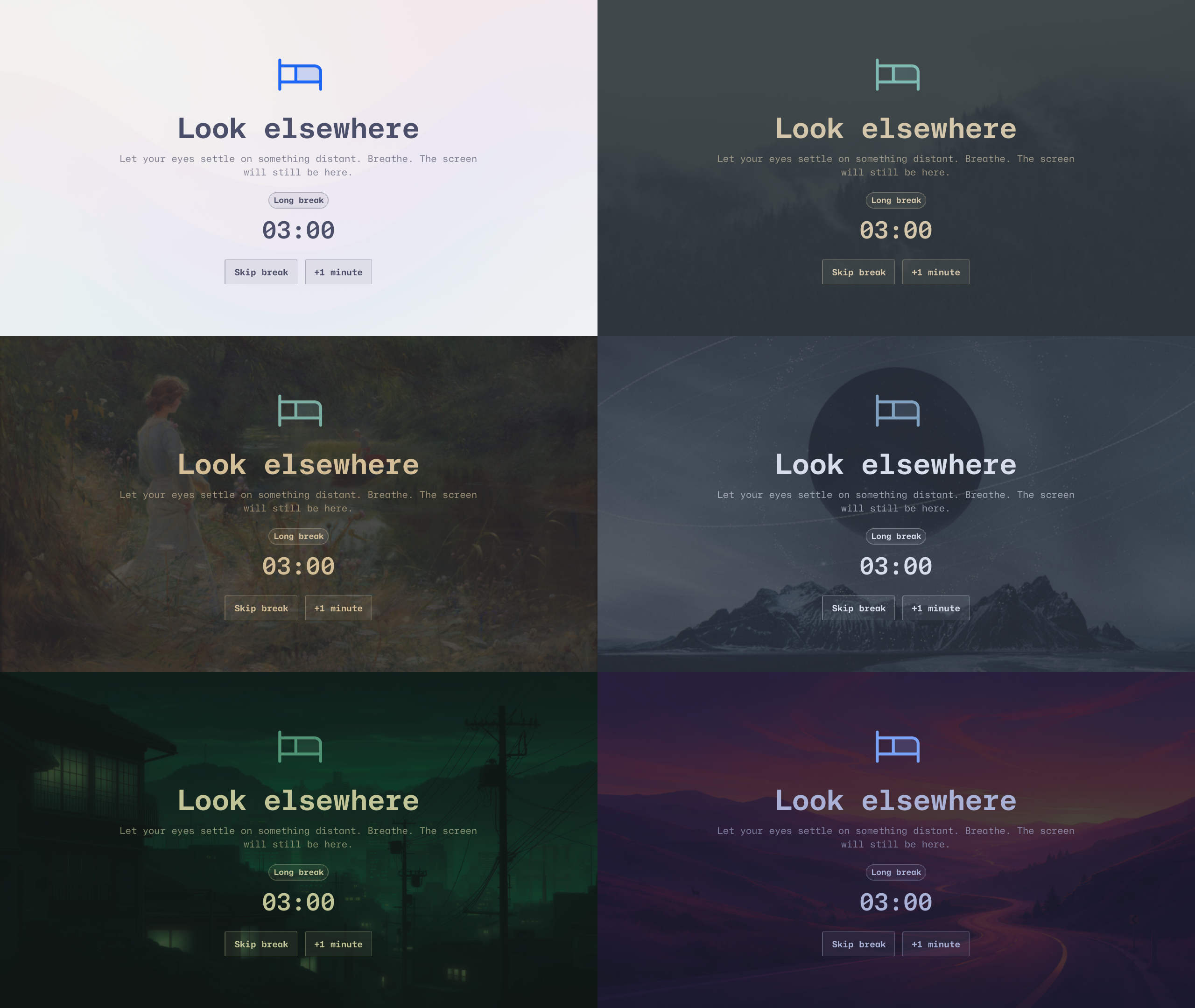 LookElsewhere full-screen breaks across six Omarchy themes