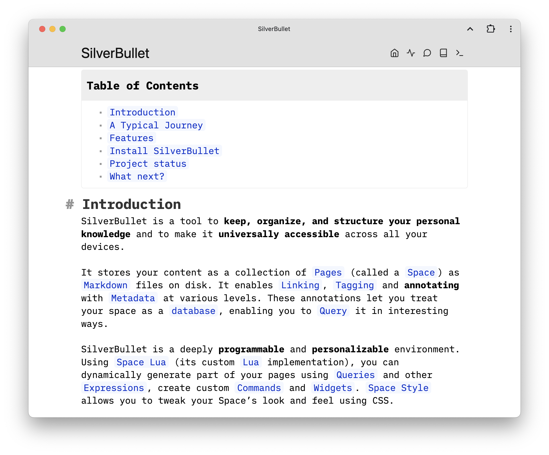 SilverBullet knowledge space displaying linked Markdown, metadata, and programmable queries