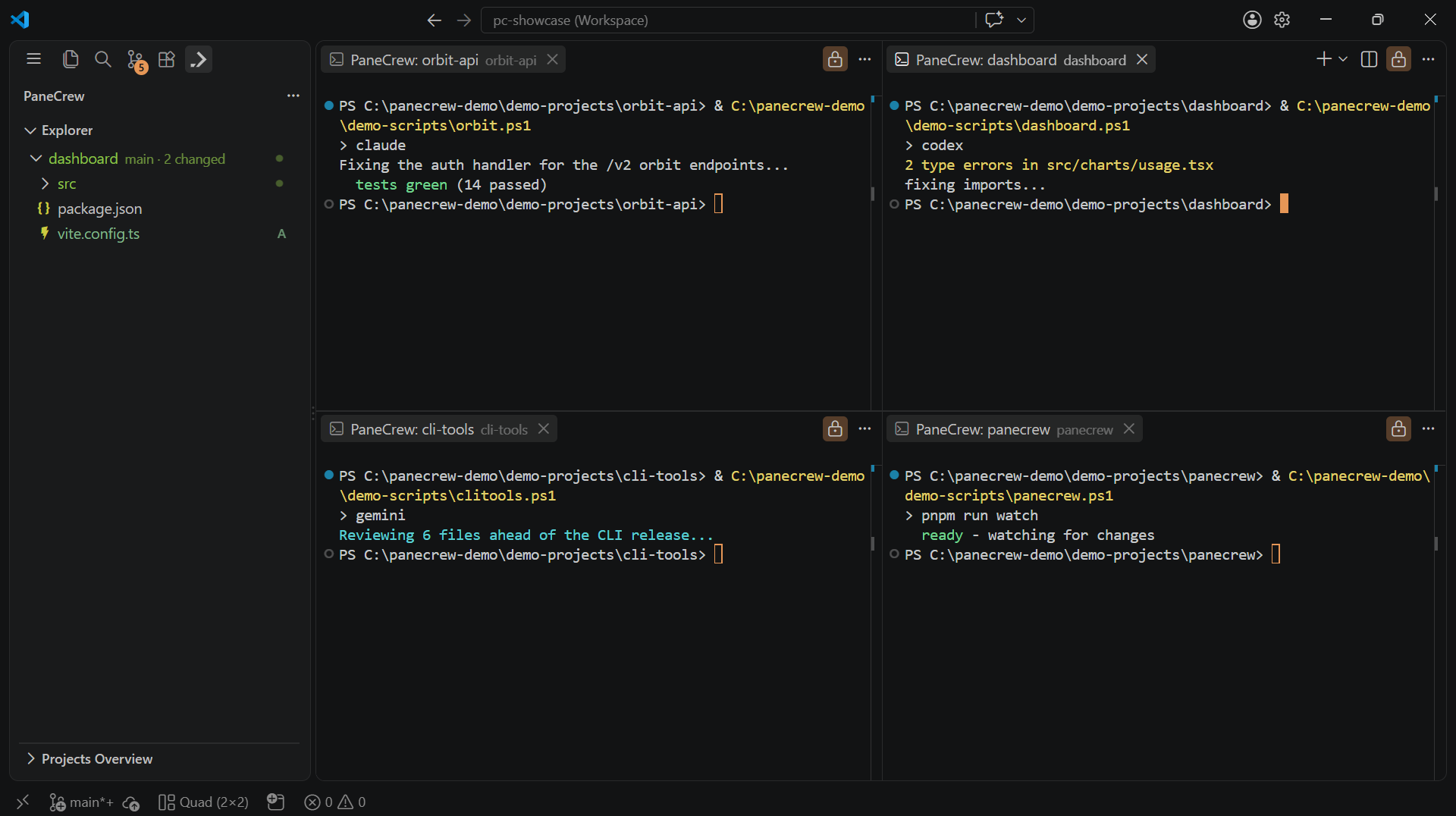 PaneCrew explorer switched to the focused project's file tree