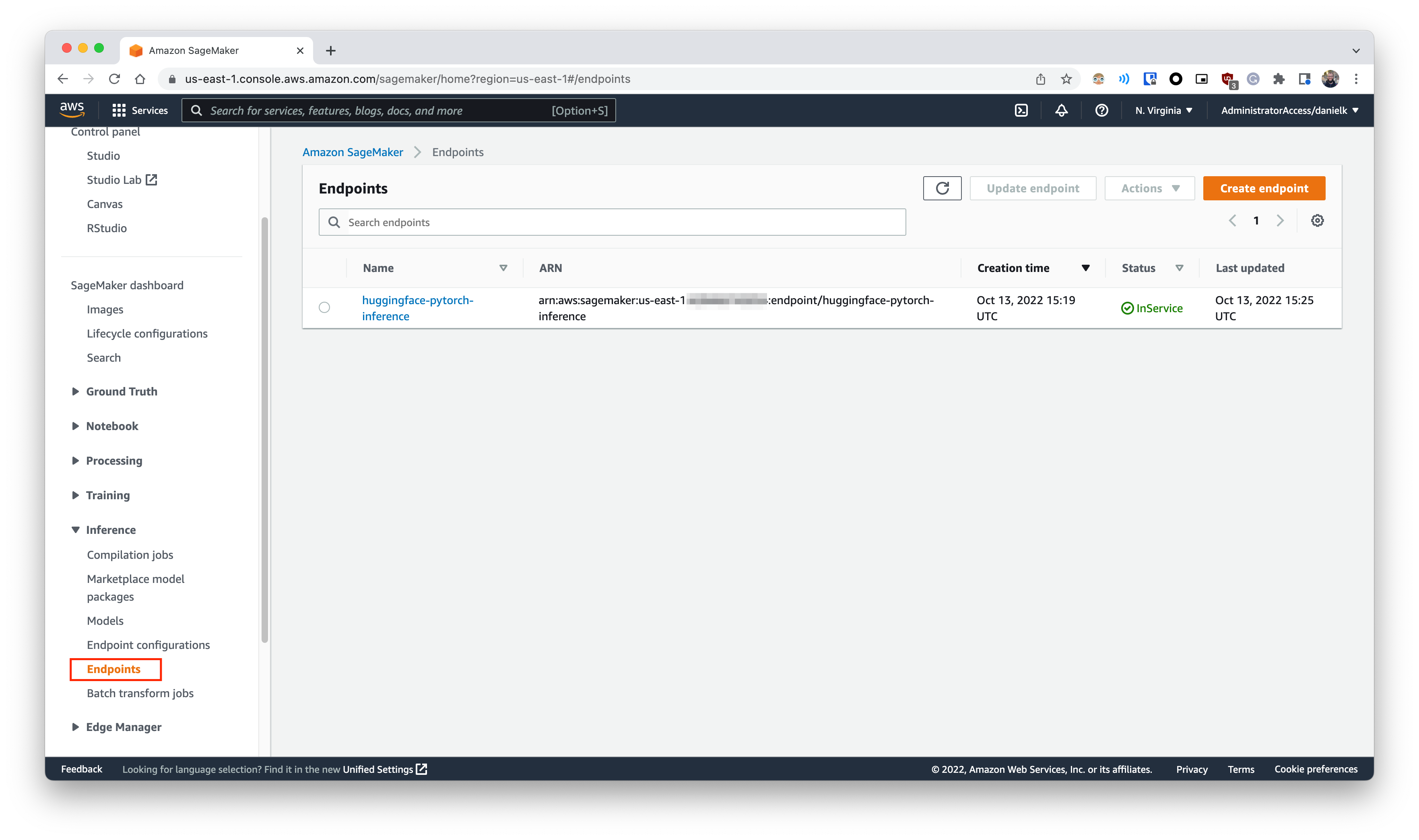 AWS console with SageMaker endpoints