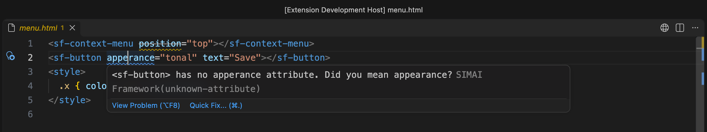 A misspelt attribute with a Quick Fix