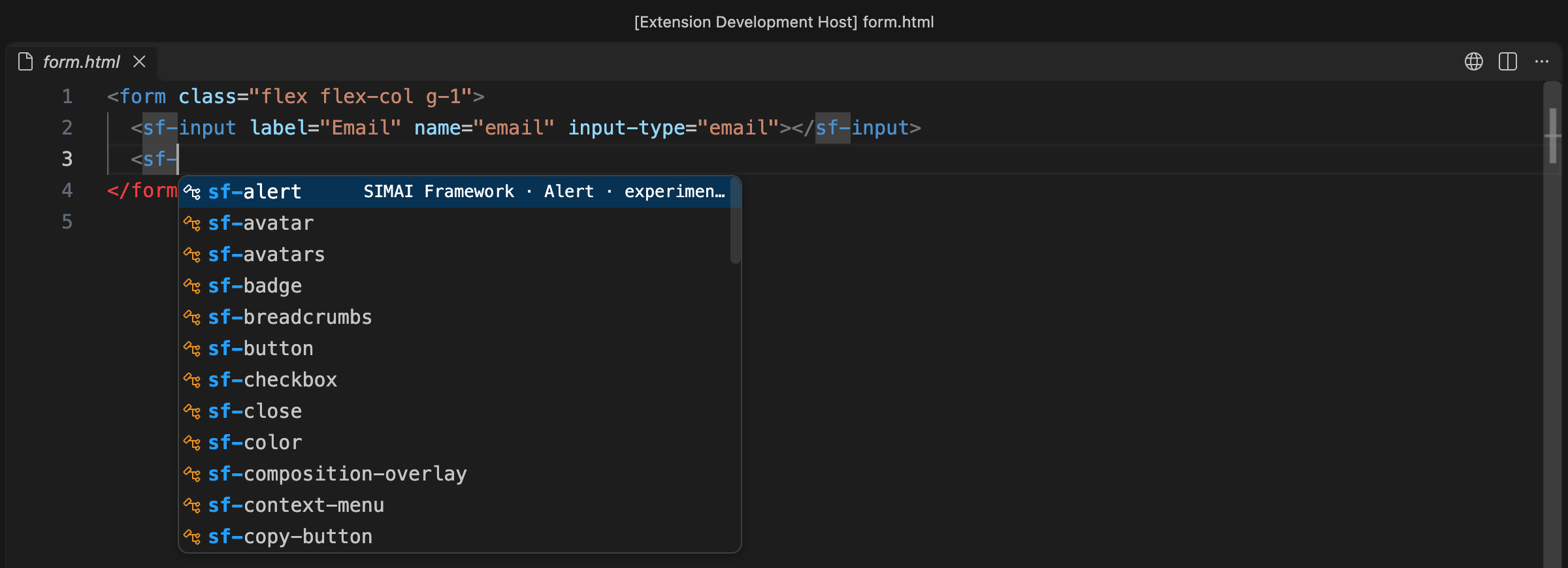 sf- tag completion in HTML