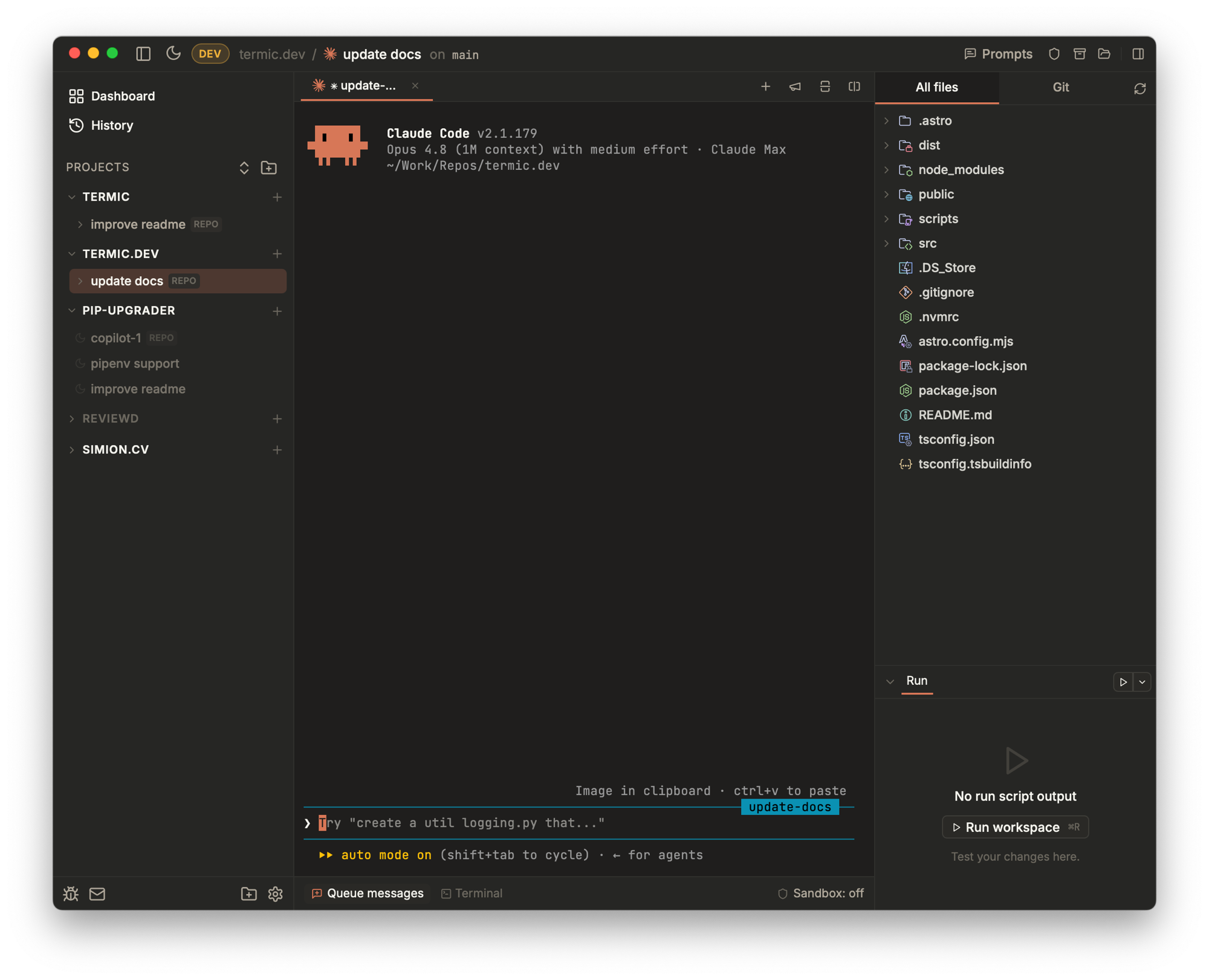 Termic running a Claude Code agent in the termic.dev repo, with the project sidebar, file tree, and run panel