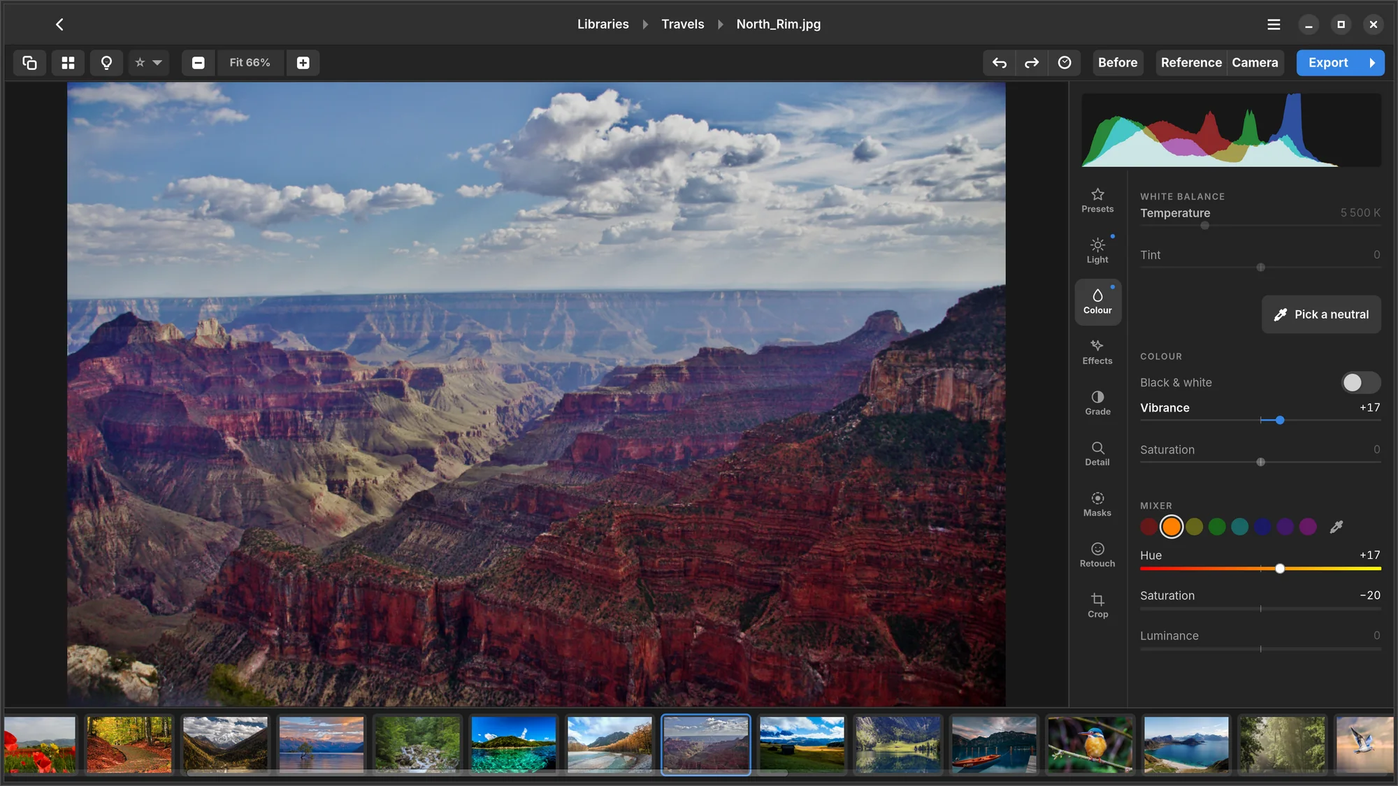 The Grand Canyon in Numa with the Colour panel open: white balance, vibrance and the colour mixer.