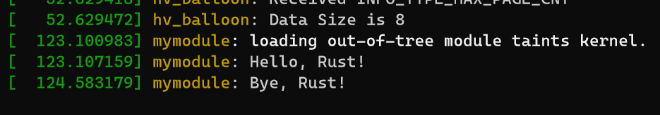 Screenshot of this project's output. It simply prints "Hello, Rust!" and "Bye, Rust!"