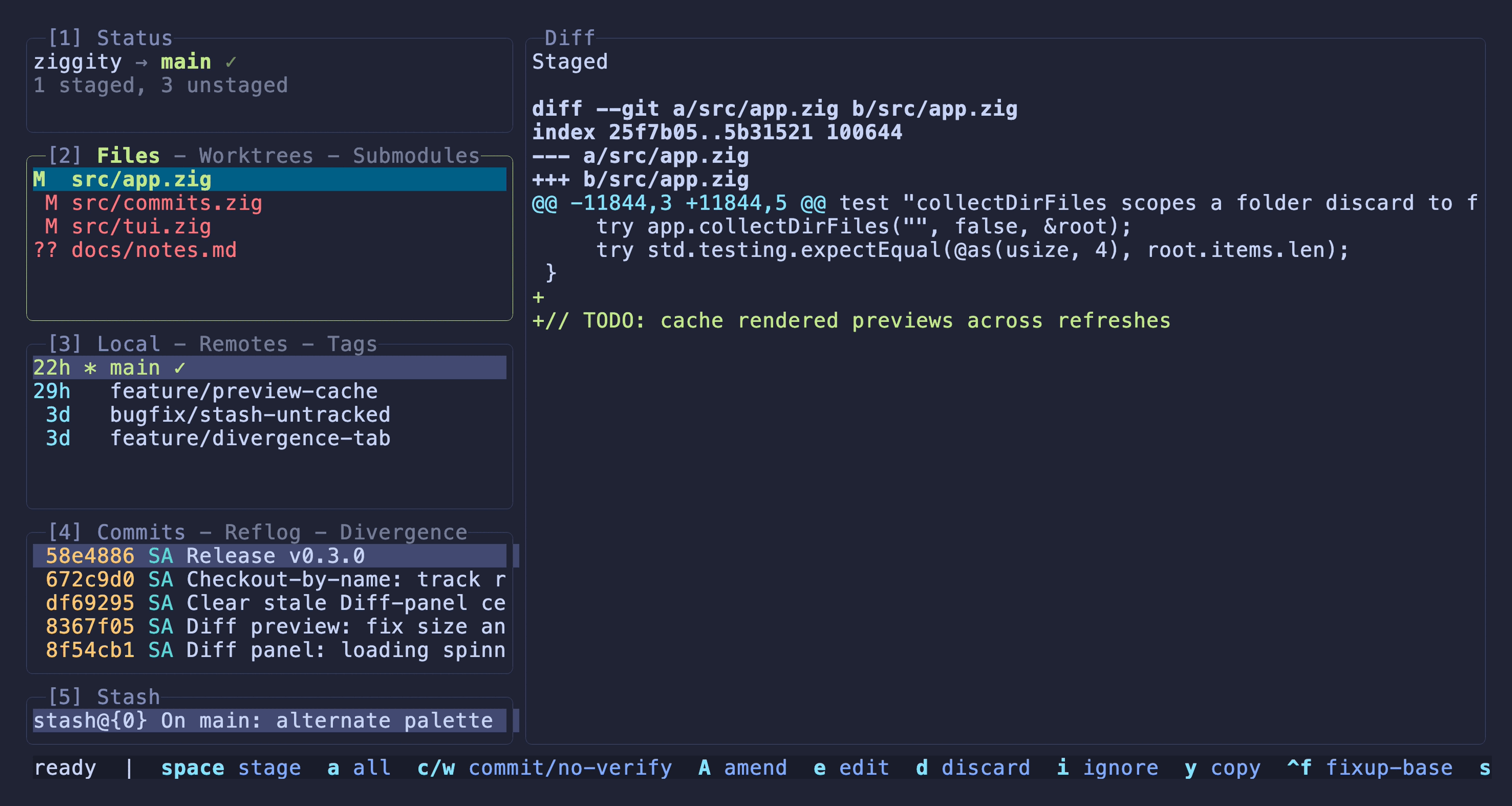 Ziggity terminal interface with status, files, branches, commits and diff panels