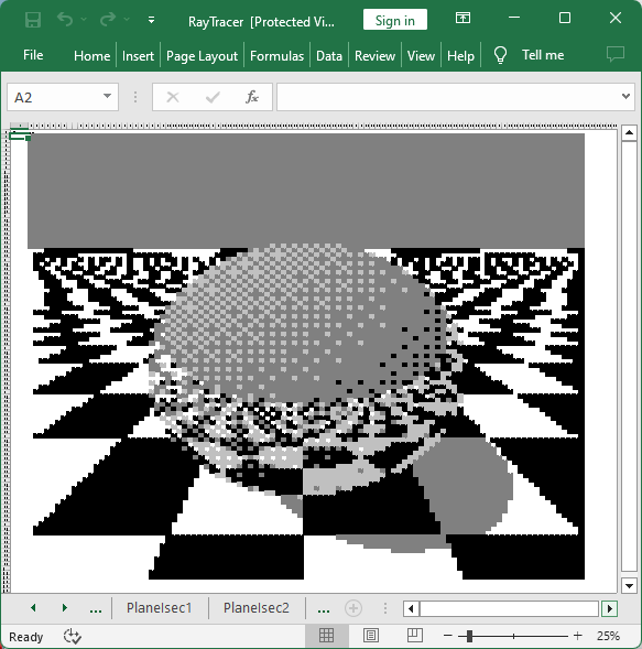 A picture of a chrome sphere, rendered by dithering the colour of cells in Excel.