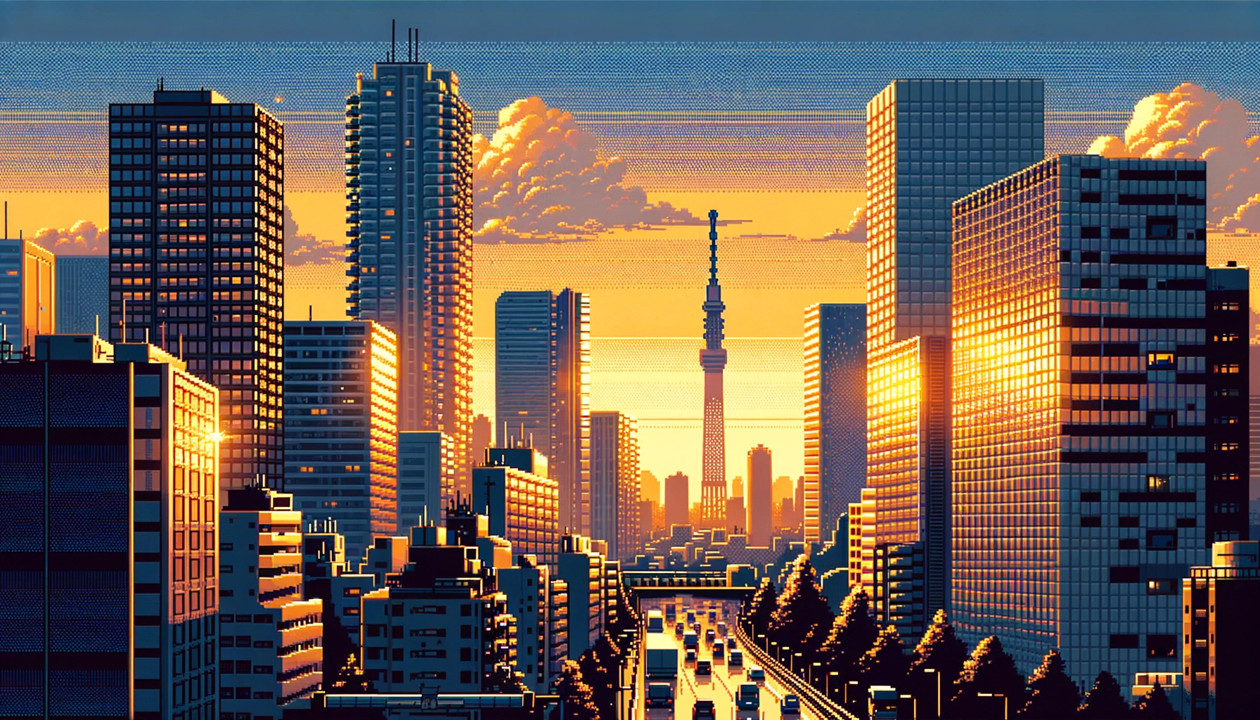 Pixel art of a city