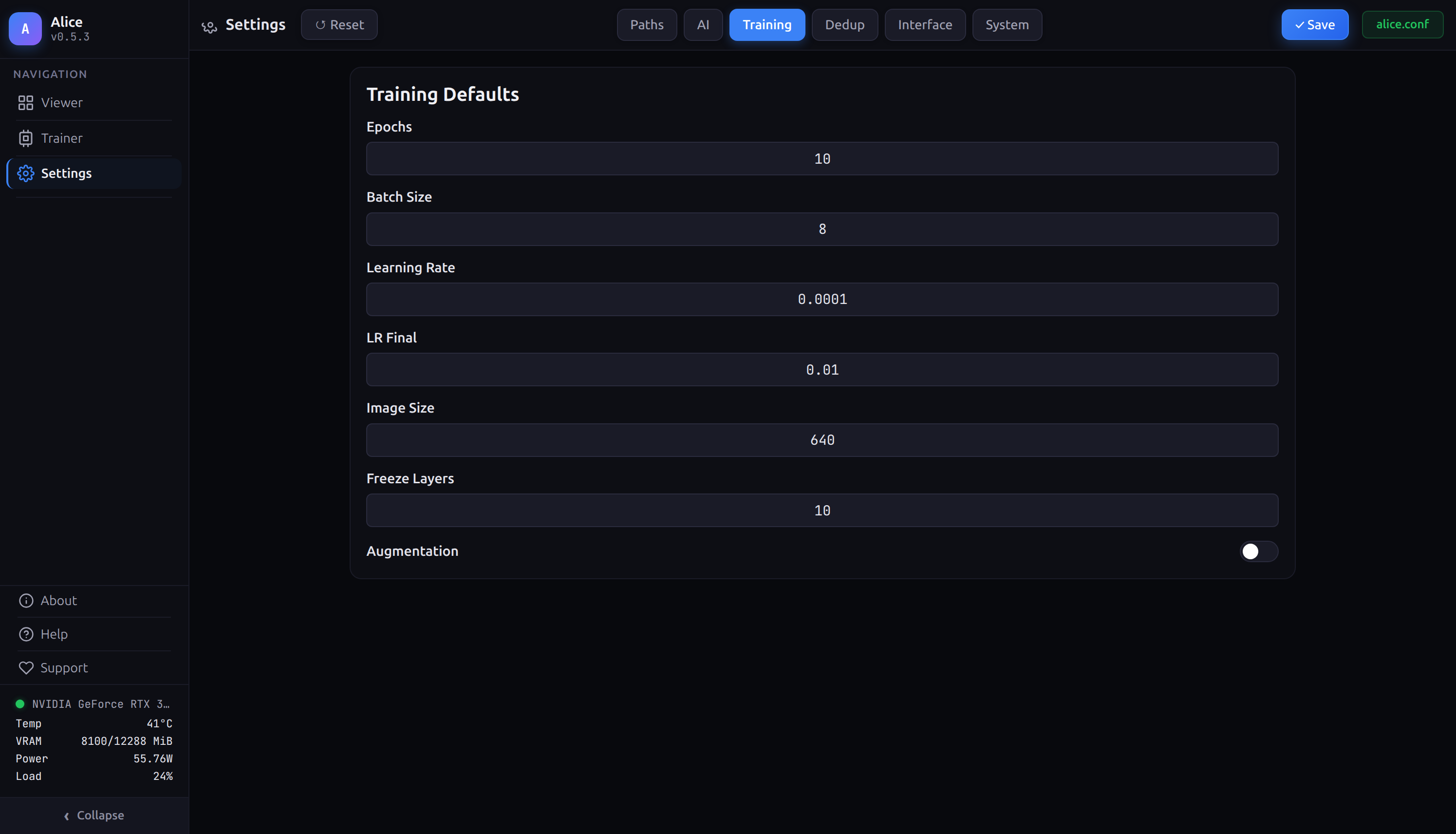 Settings — Training