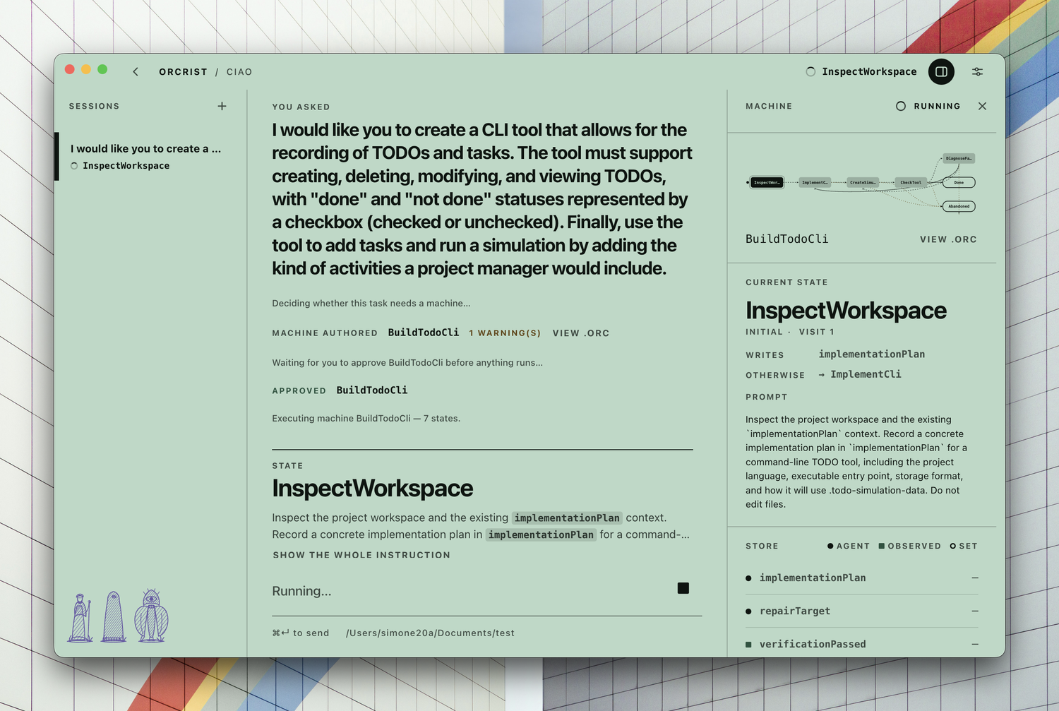 A run in progress: the transcript on the left, the machine and its store on the right