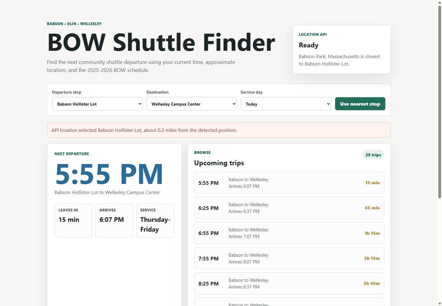BOW Shuttle Finder interface preview